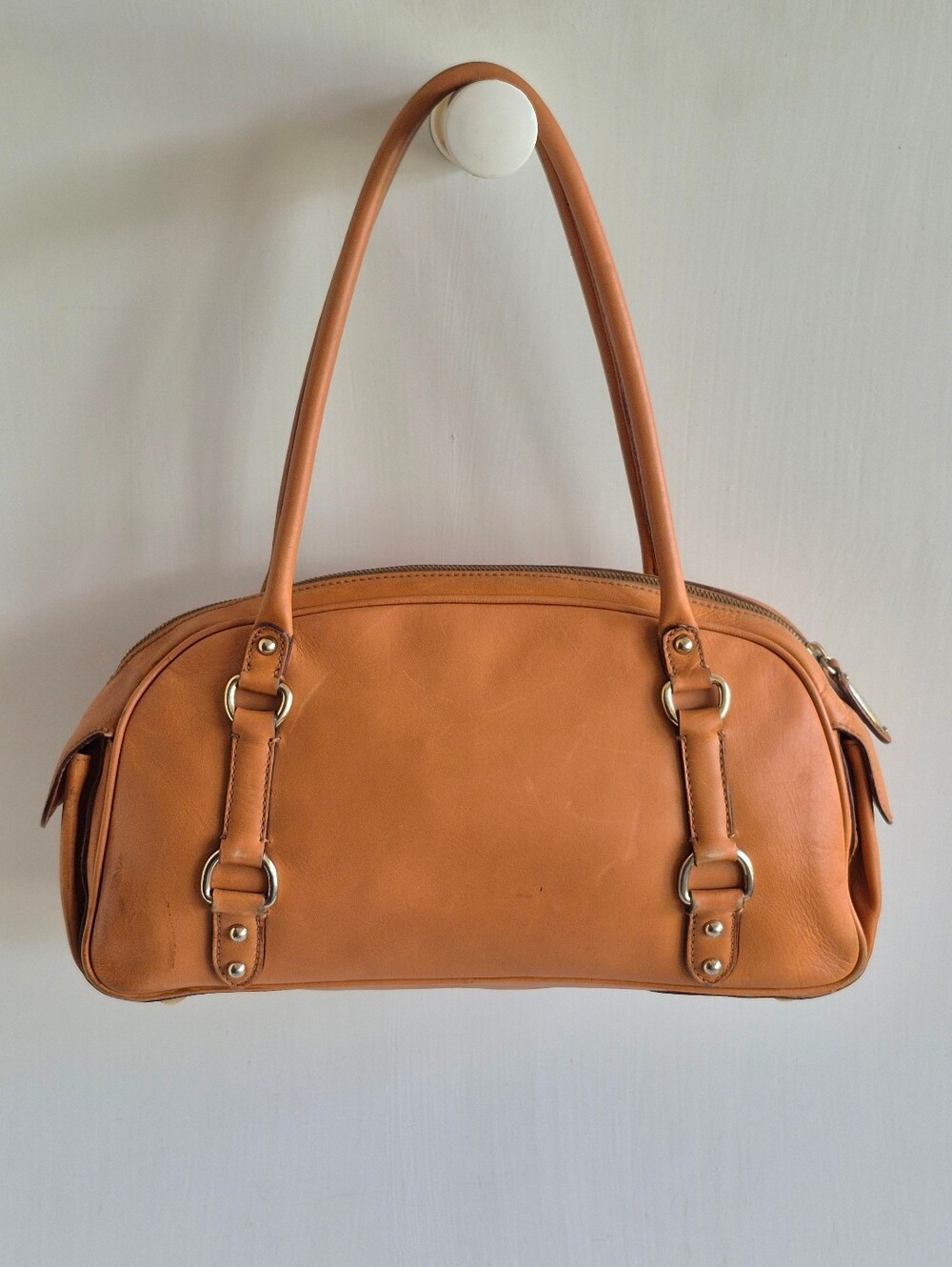 St. John Italy Vintage Caranel Tan Leather Medium Satchel with Buckle Accents